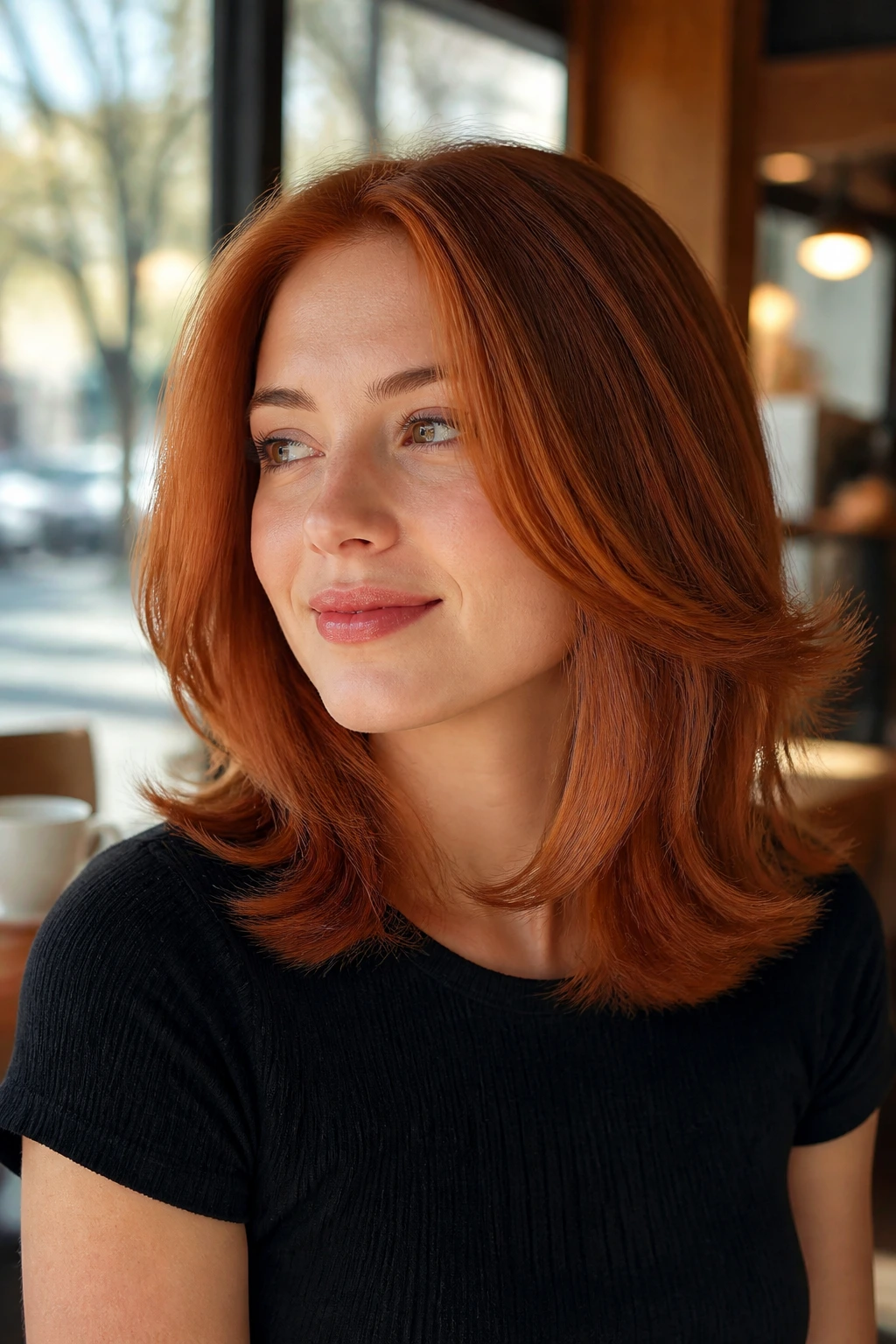 Close-up of a real woman with feathered outward-end hairstyle on red hair