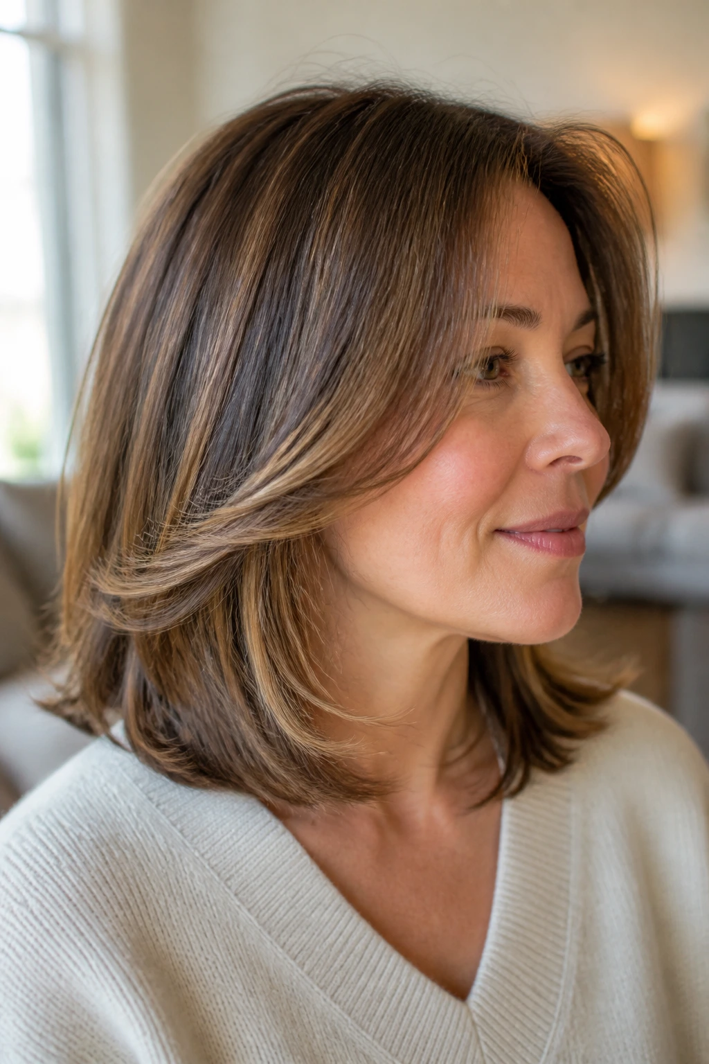Close-up portrait of a real woman with feathered ends forming a soft C-shape.
