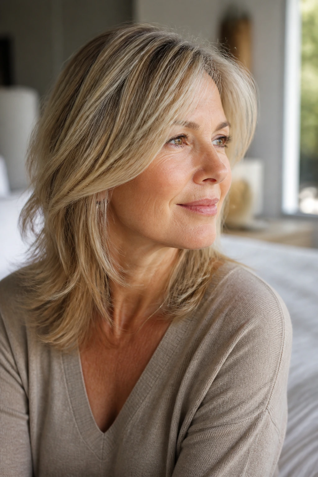 Close-up of a real woman's feathered ends blending with a tapered bottom edge