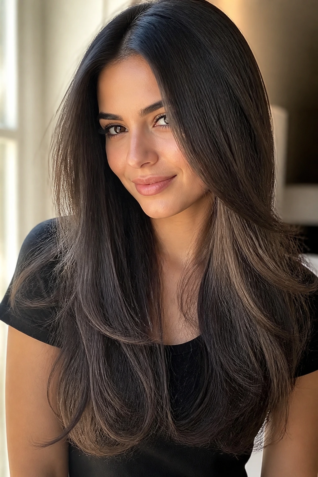 Close-up of a real person with feathered ends on thick straight hair