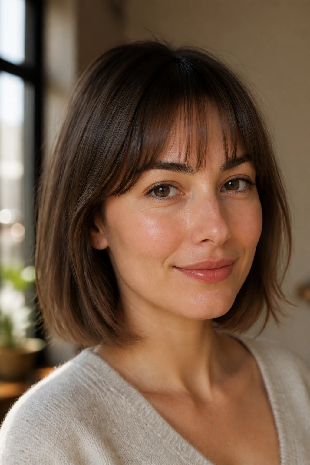 Close-up of a real woman with feathered eyebrow fringe hovering near the brows.
