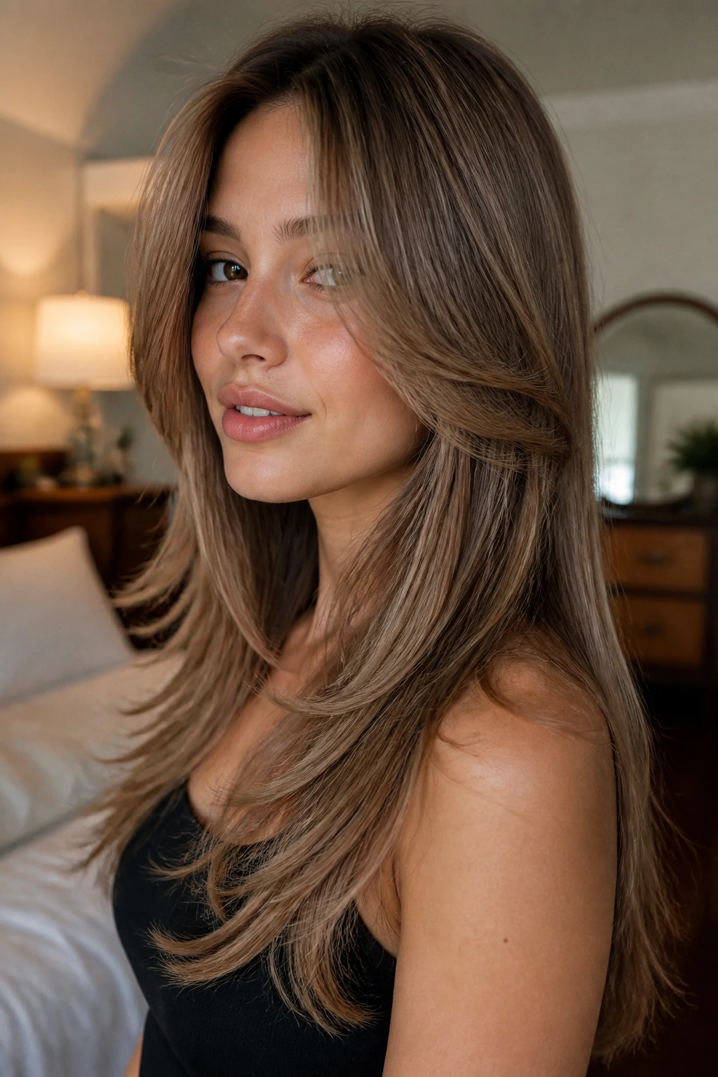 Close-up of a real woman with feathered face-frame layers starting at the cheekbone