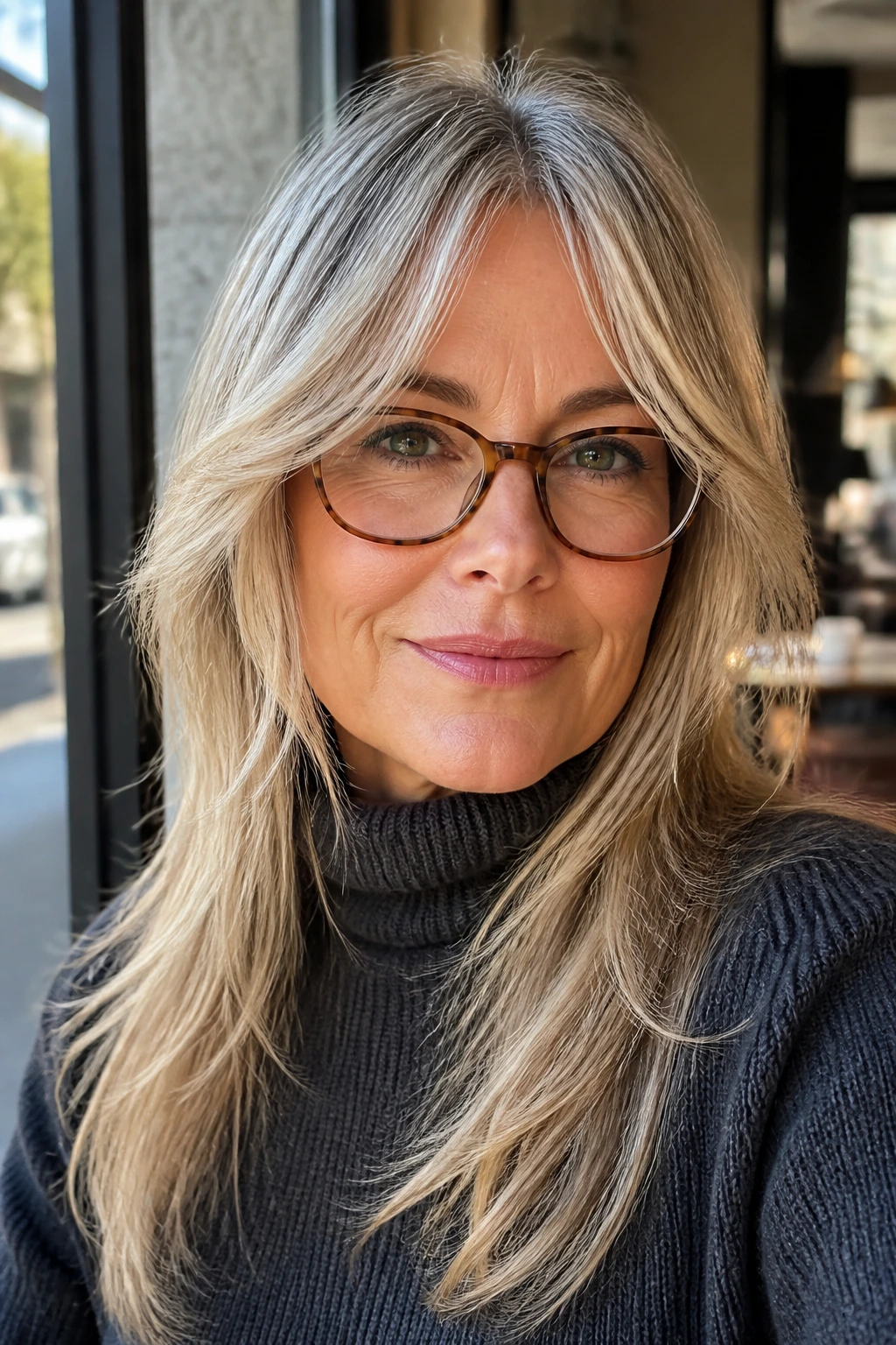 Close-up of a woman with feathered face-framing layers at the cheeks