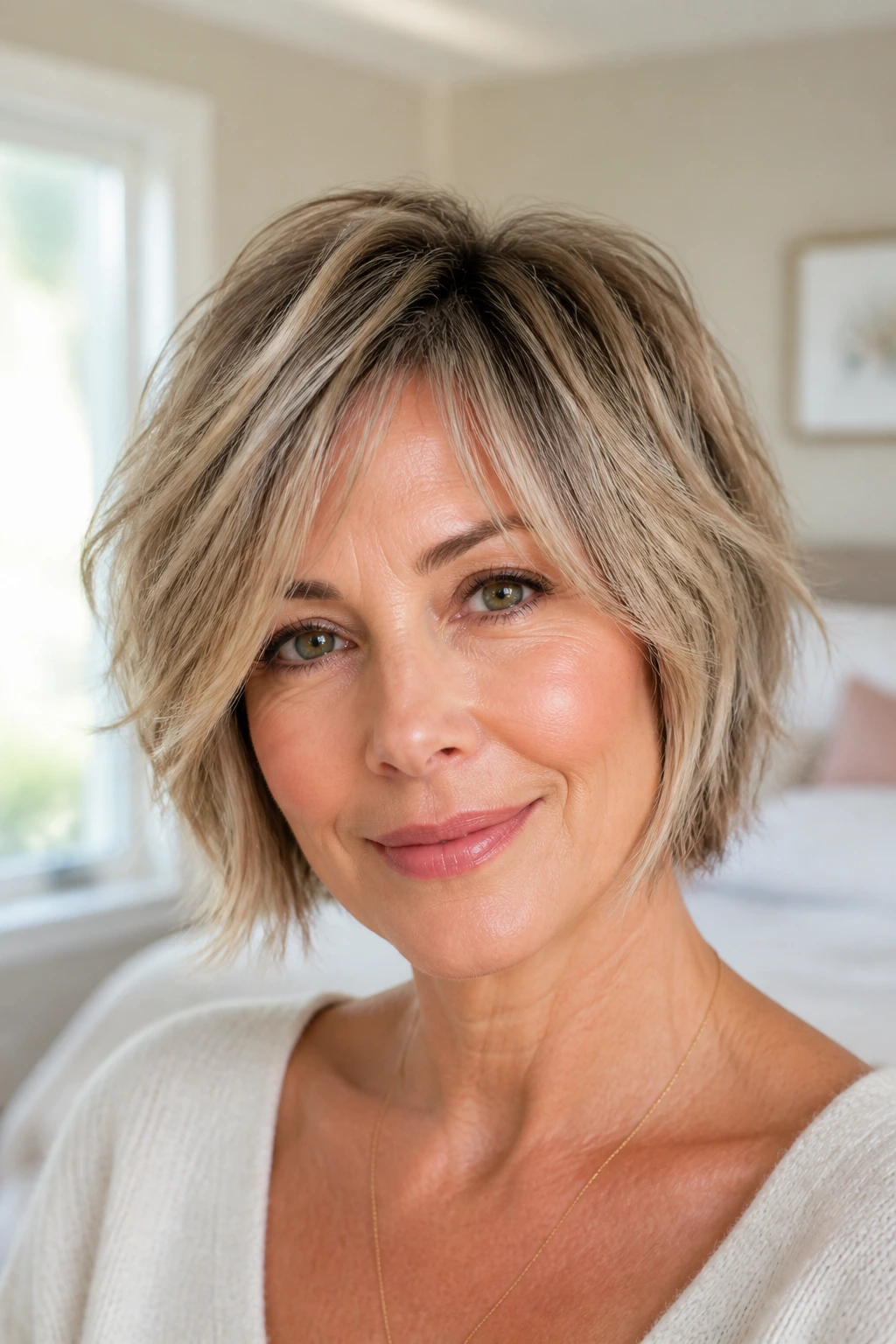Close-up portrait of a real woman wearing a feathered face-framing bob with choppy layers