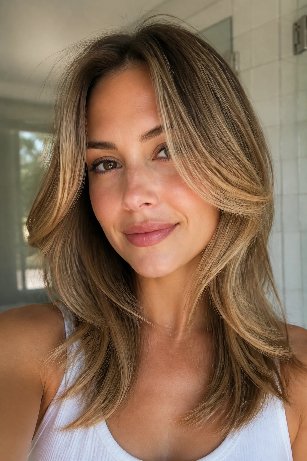 Portrait of a woman with feathered face-framing layers