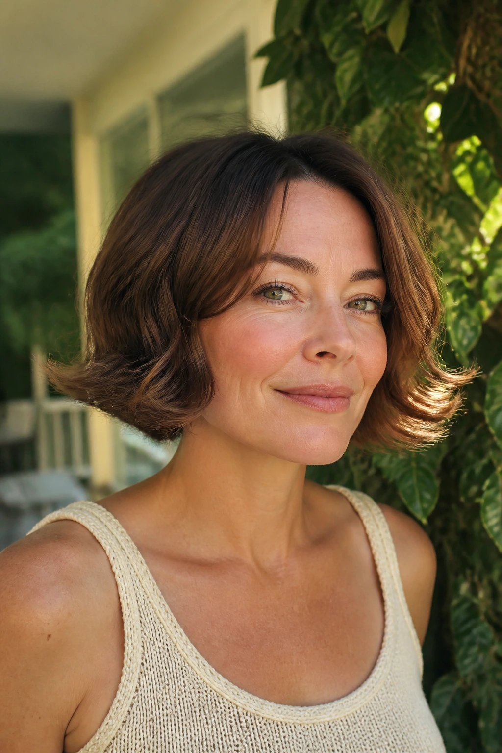 Close-up of a real woman with feathered outward flip at the ends, sunny porch