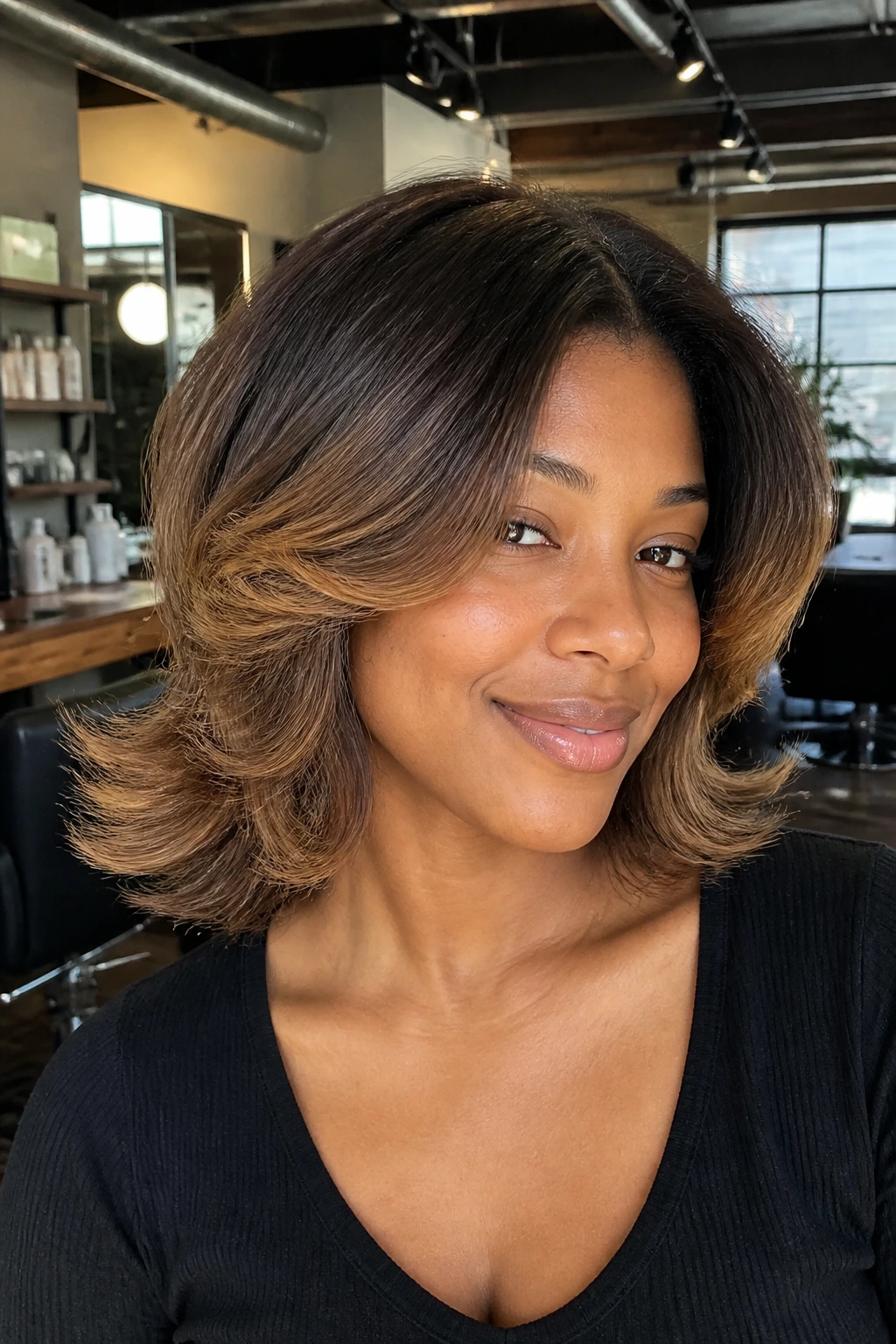 Close-up of a real woman with a feathered flip-out haircut and outward-flipped ends in natural light