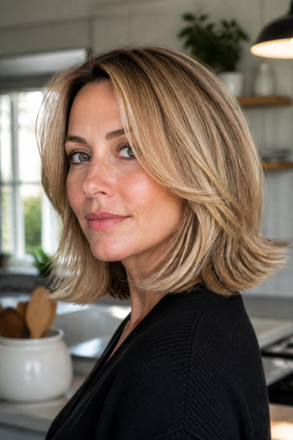 Portrait of a woman with feathered flip-out lob
