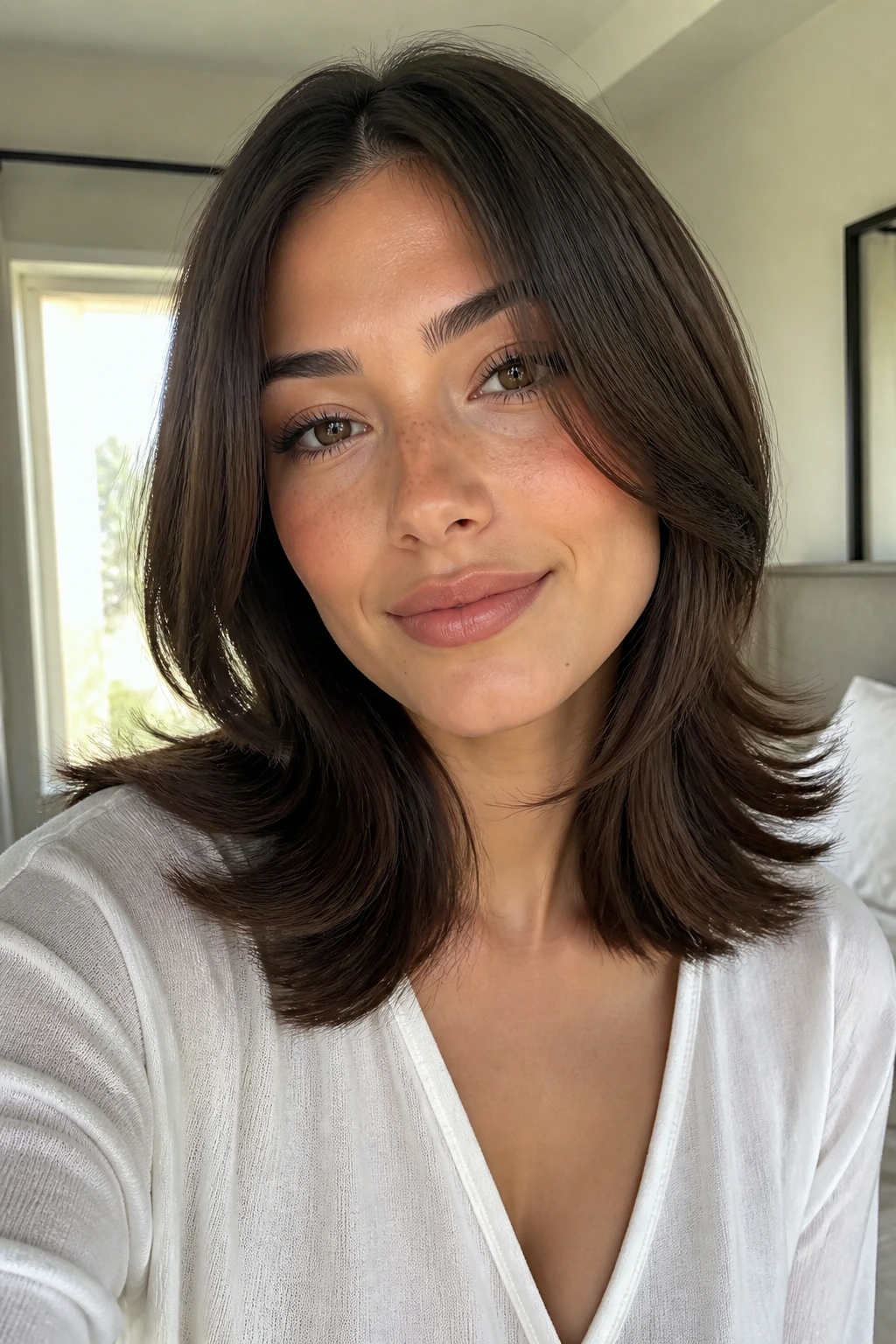 Brunette woman with feathered flip-out ends in softly lit bedroom