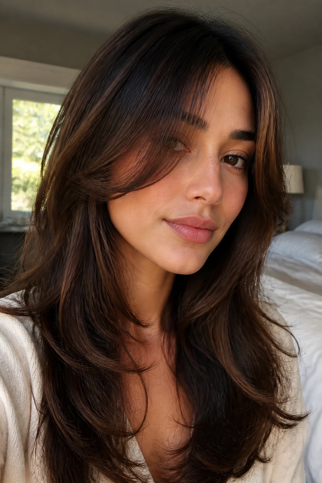 Close-up of a woman with feathered face-framing layers in soft bedroom window light