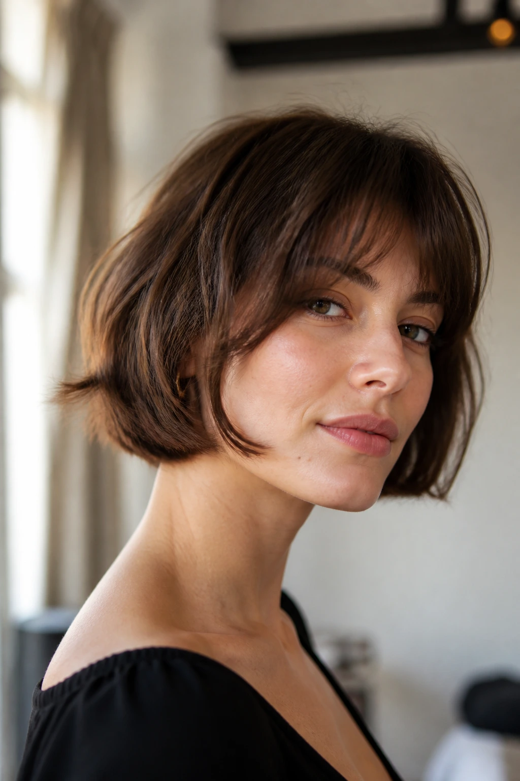 Close-up of a real woman with a feathered French bob and soft, airy ends in warm window light