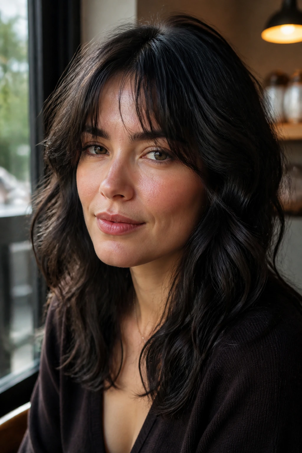 Close-up portrait of a real woman with feathered French cut fringe and soft movement