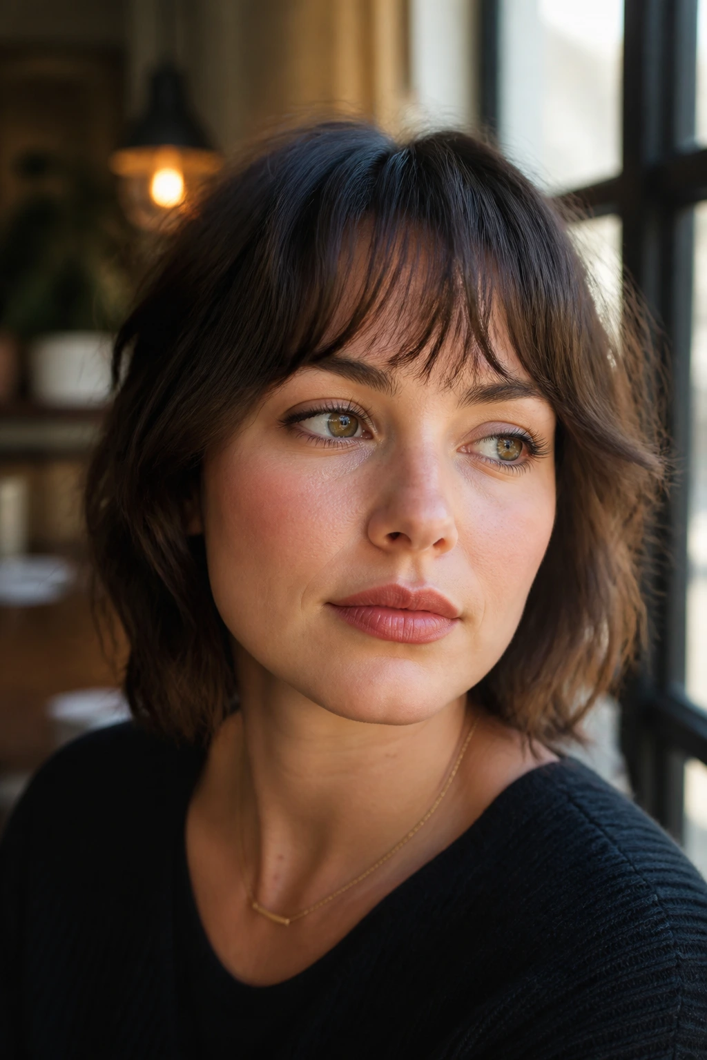 Close-up portrait of a real woman with feathered French fringe on a bob in soft cafe light.