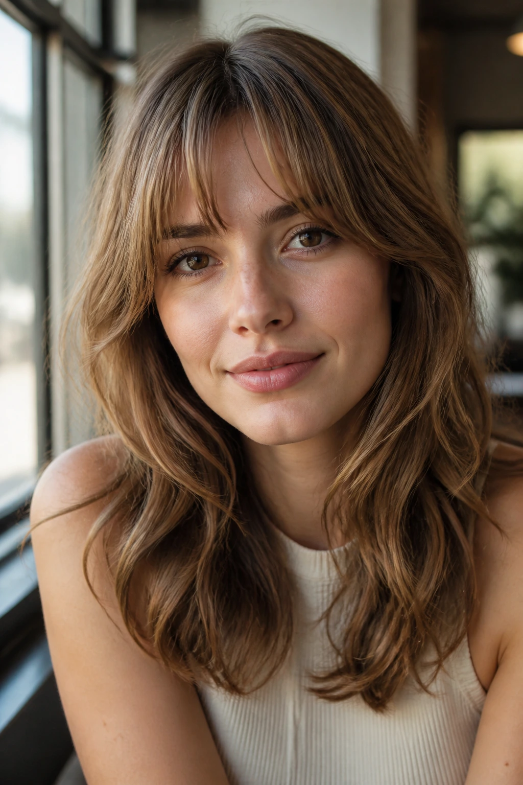 Real woman with feathered French fringe in soft lighting