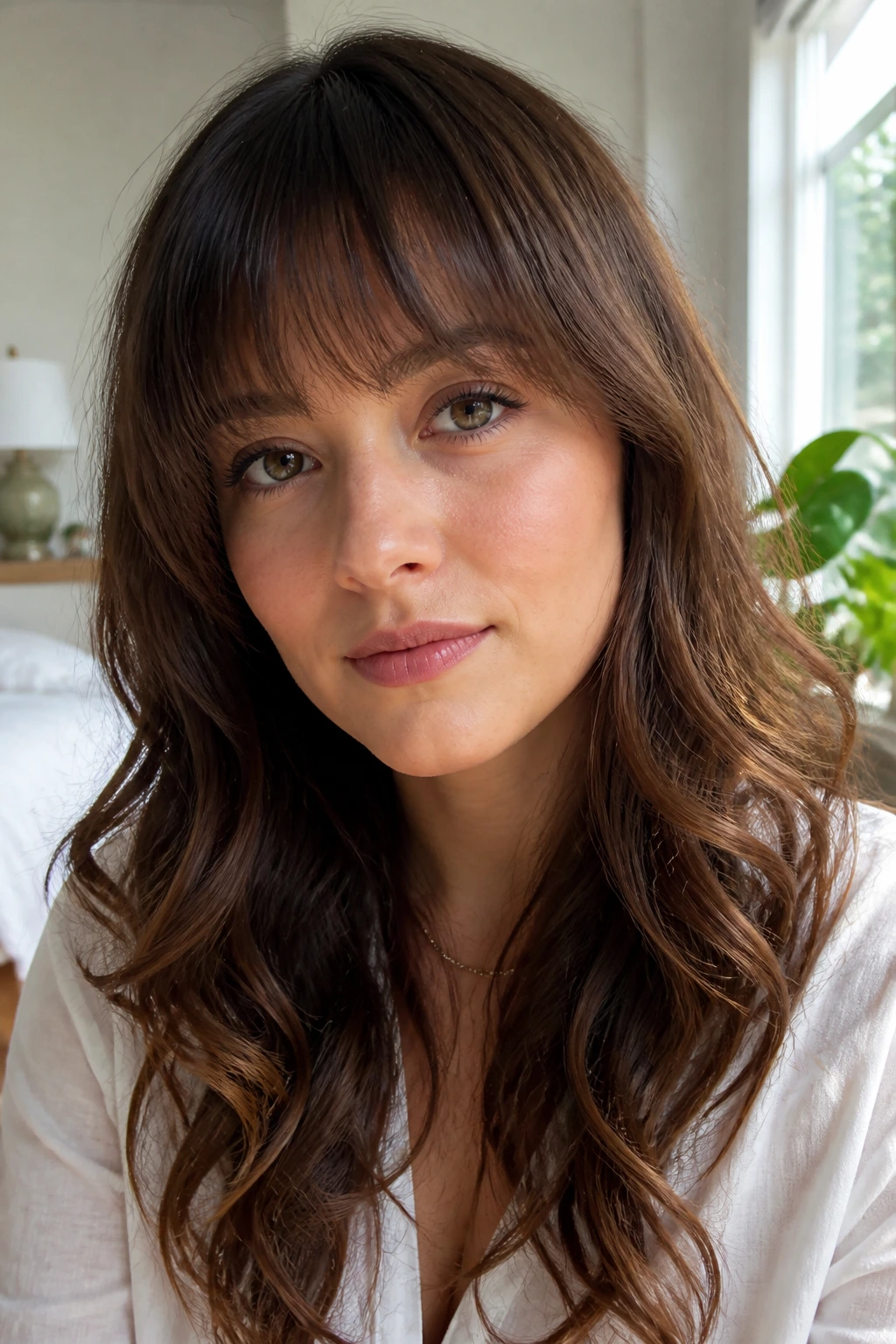Real woman with softly feathered straight fringe and airy ends in natural light
