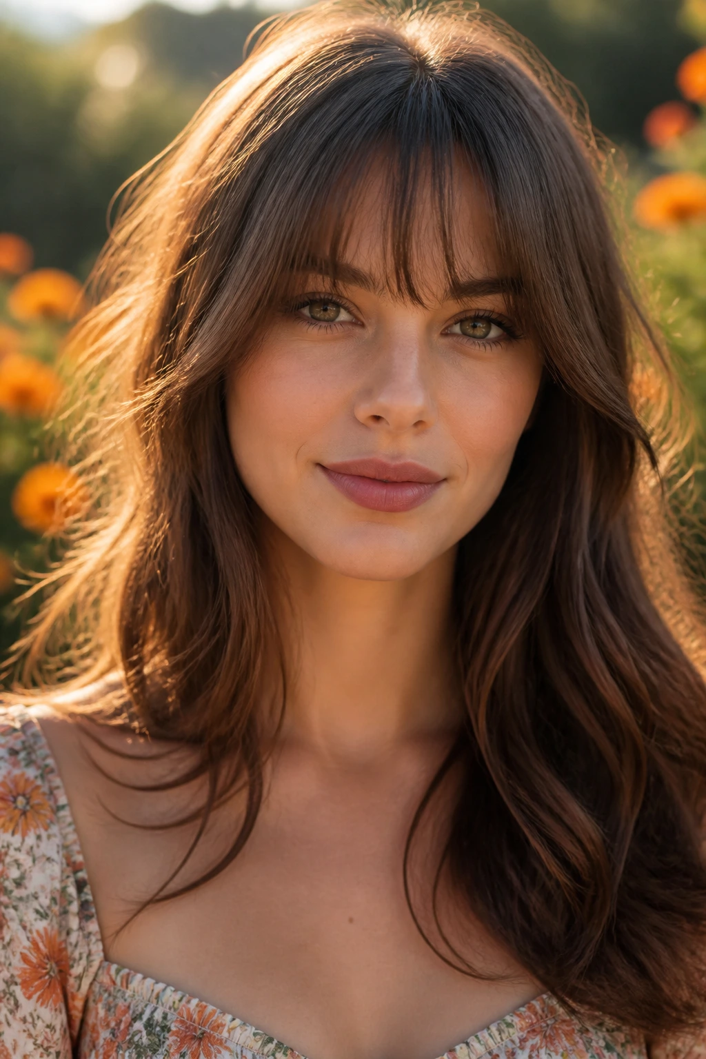 Close-up of a real person with feathered fringe and airy ends in golden hour light