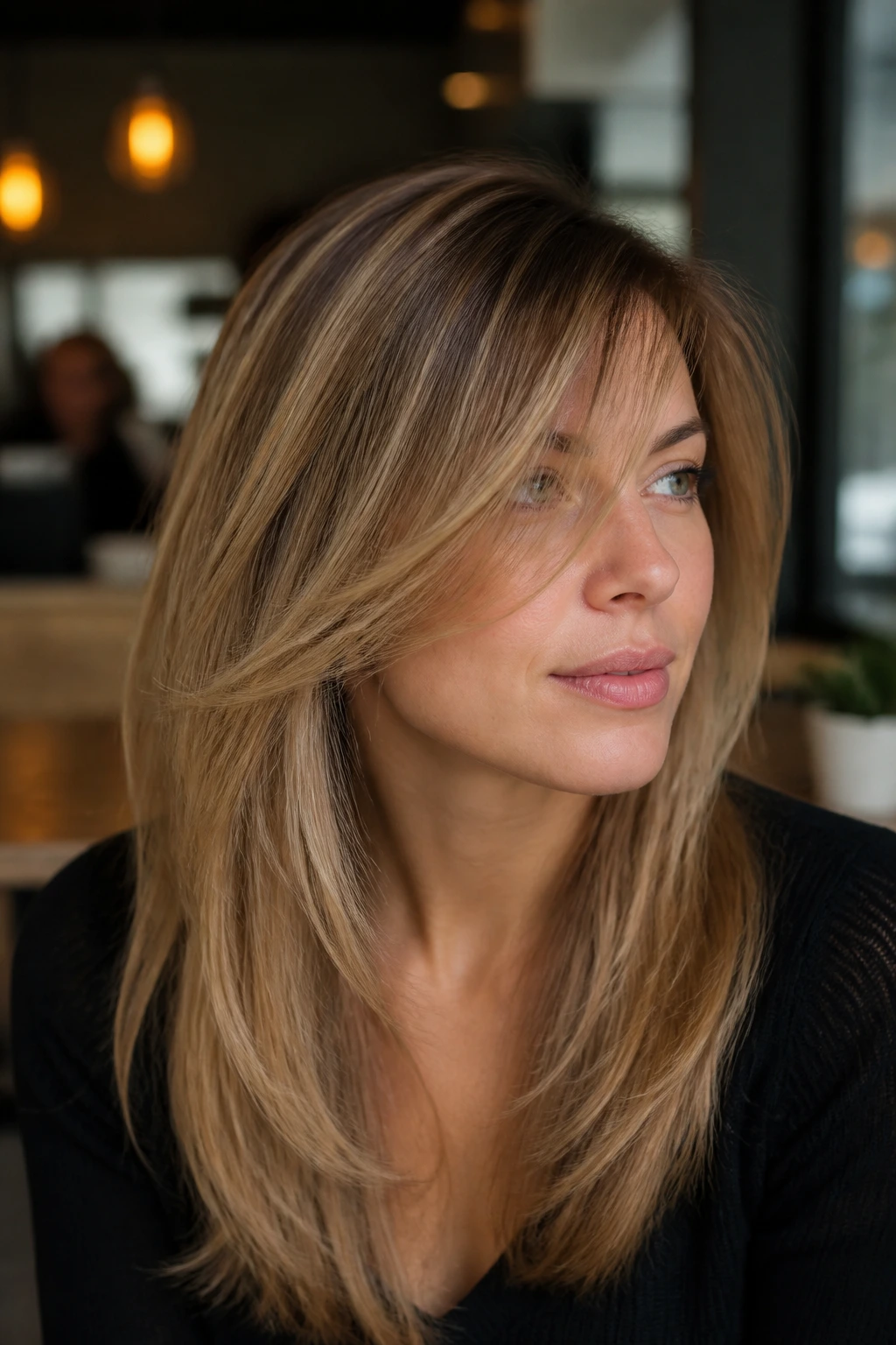 Close-up of a woman with airy feathered bangs in cafe light