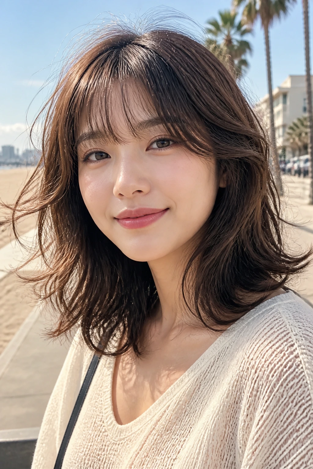 Close-up of a woman with feathered fringe and airy S-waves on a lob.