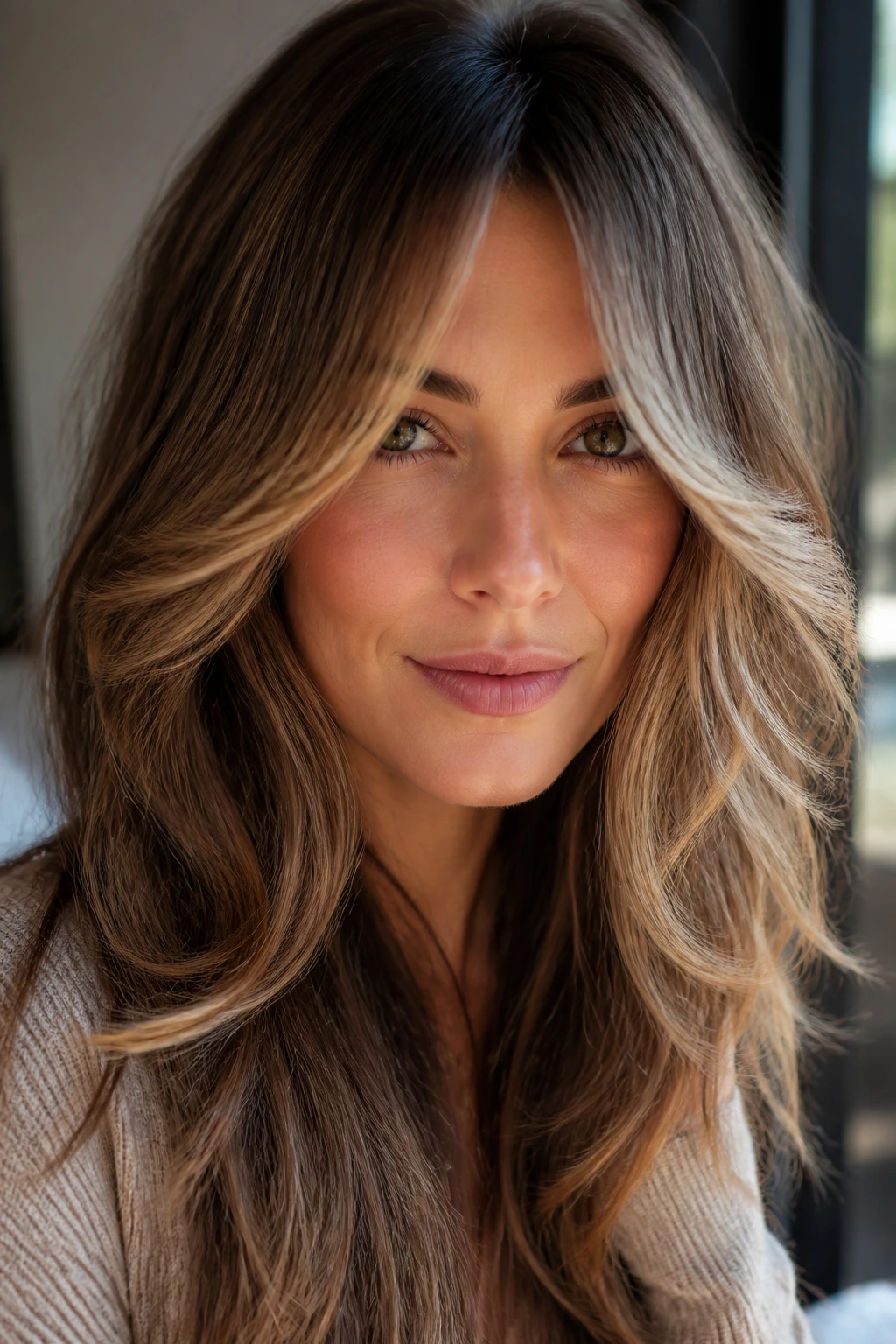 Portrait of a woman with feathered blowout fringe