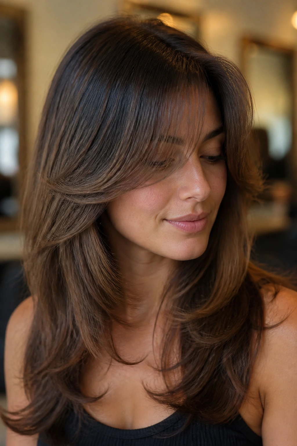 Close-up portrait of a real woman with feathered blowout fringe in a salon setting