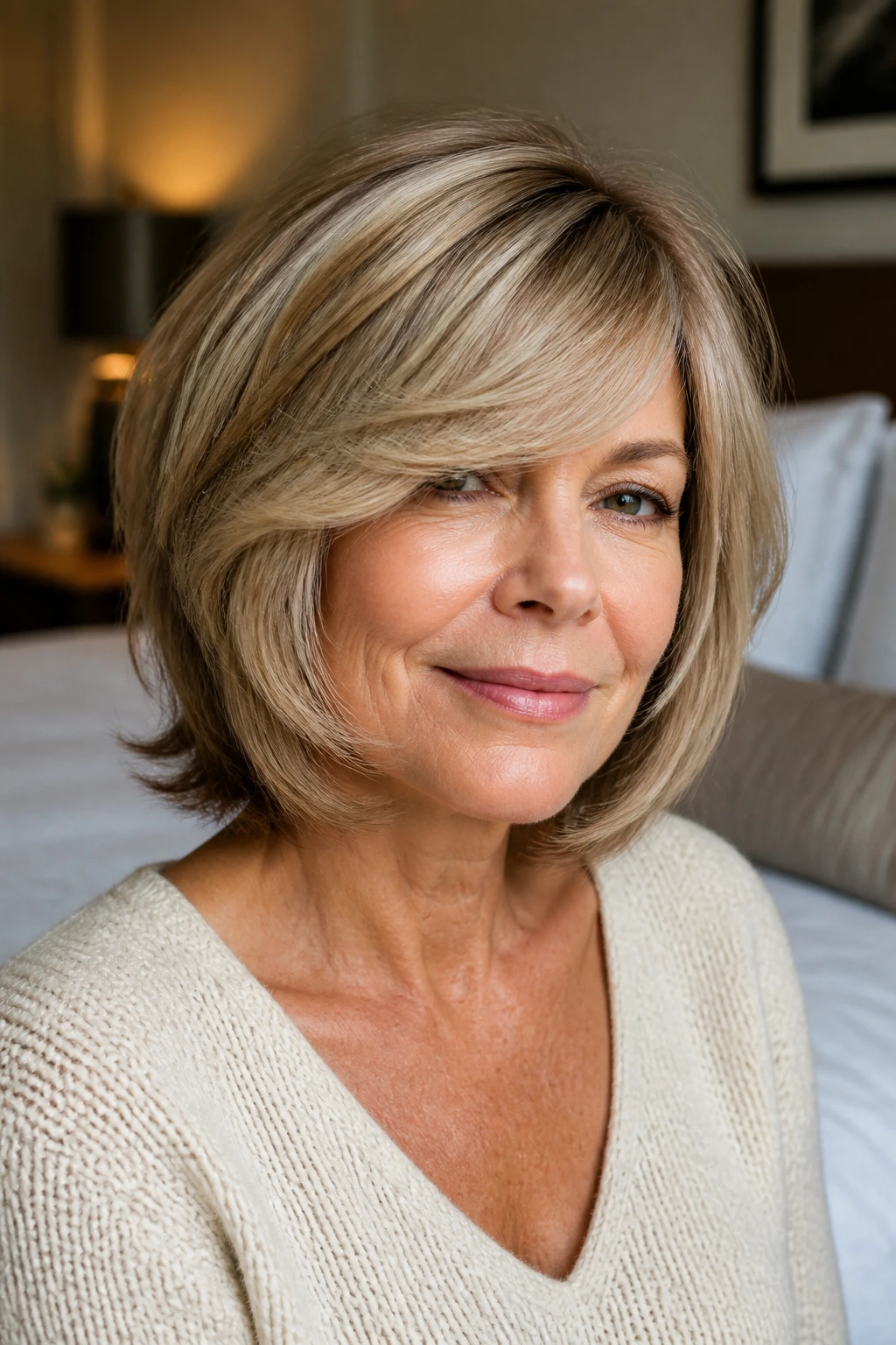Close-up of a woman with a feathered bob and sweeping fringe.
