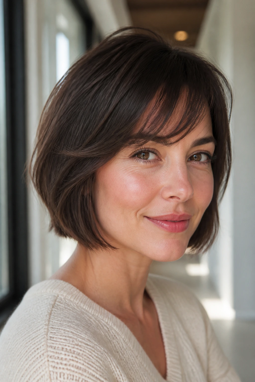 Portrait of a real woman with a bob and feathered fringe.