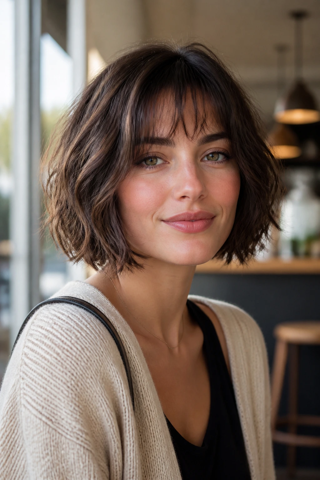 Portrait of a real woman with feathered fringe bob in a sunlit cafe