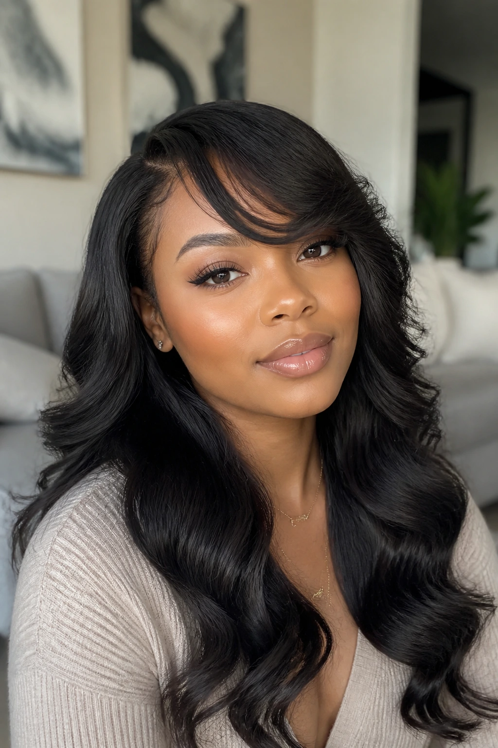 Portrait of a woman with a feathered side-swept fringe on loose body waves