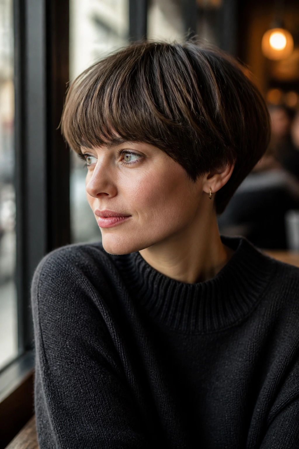 Close-up portrait of a real woman with a feathered fringe bowl hairstyle in a cafe setting.