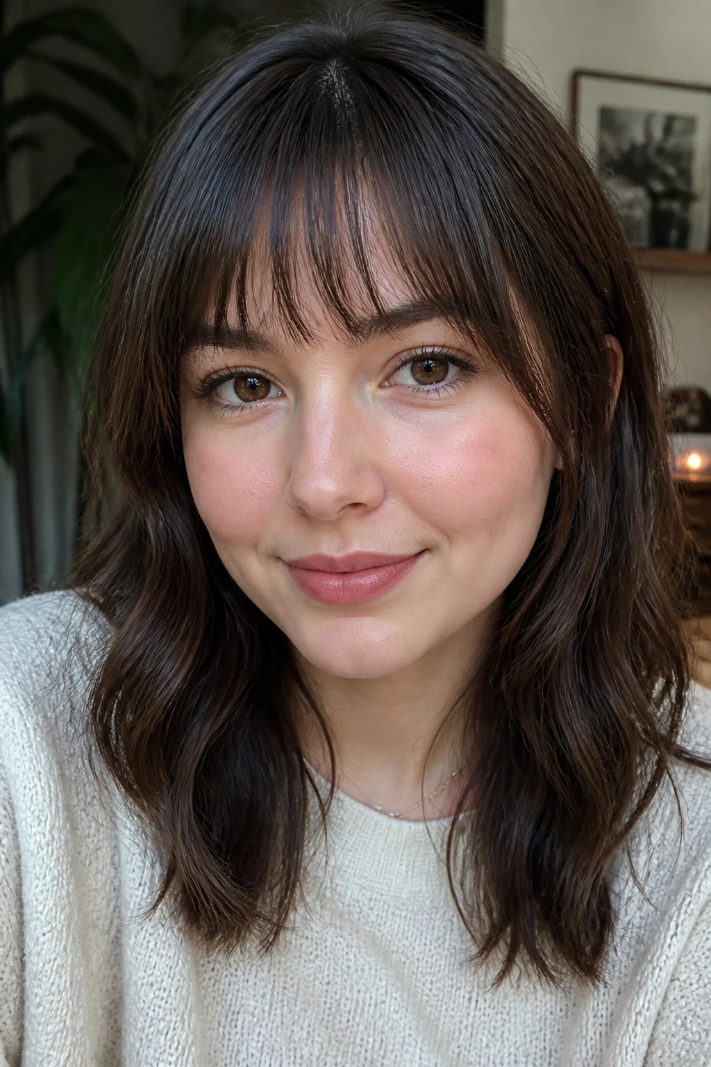 Close-up of brow-grazing feathered fringe on a real woman