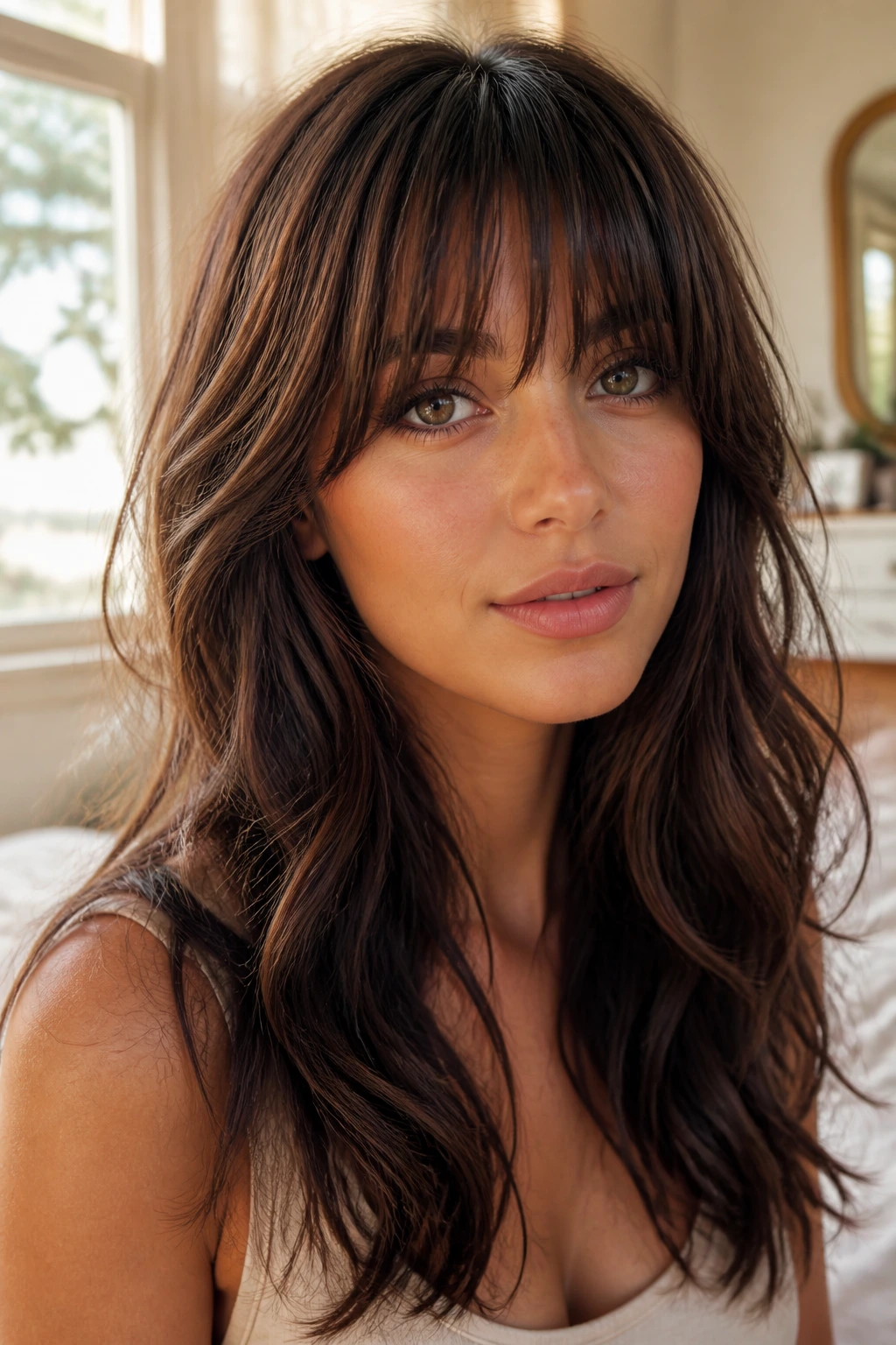 Brunette with feathered full fringe in sunlit bedroom