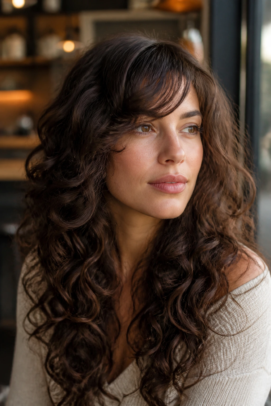 Real woman with feathered fringe swept to the side and long curls cascading