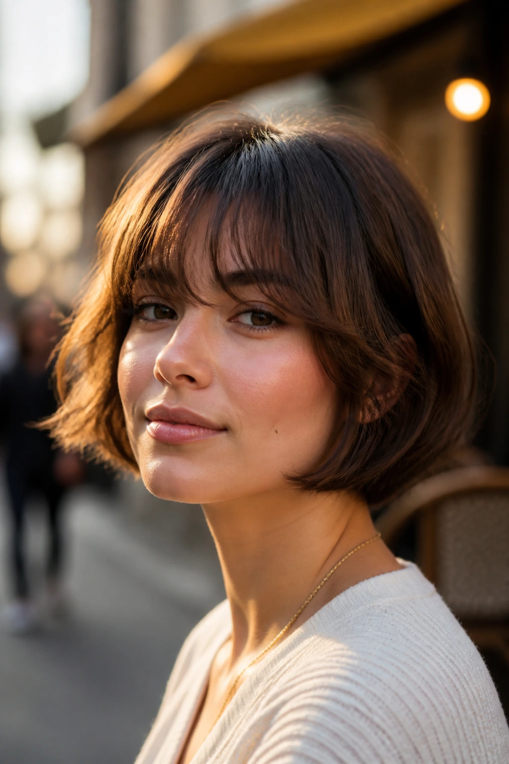 Close-up of a woman with feathered fringe on a French bob on an urban sidewalk