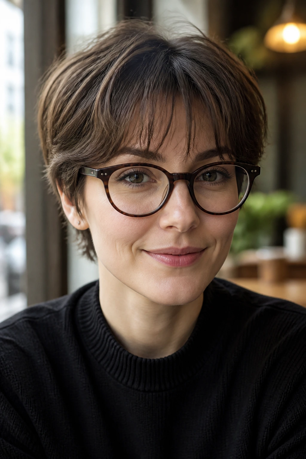 Close-up of a real person with feathered fringe and glasses