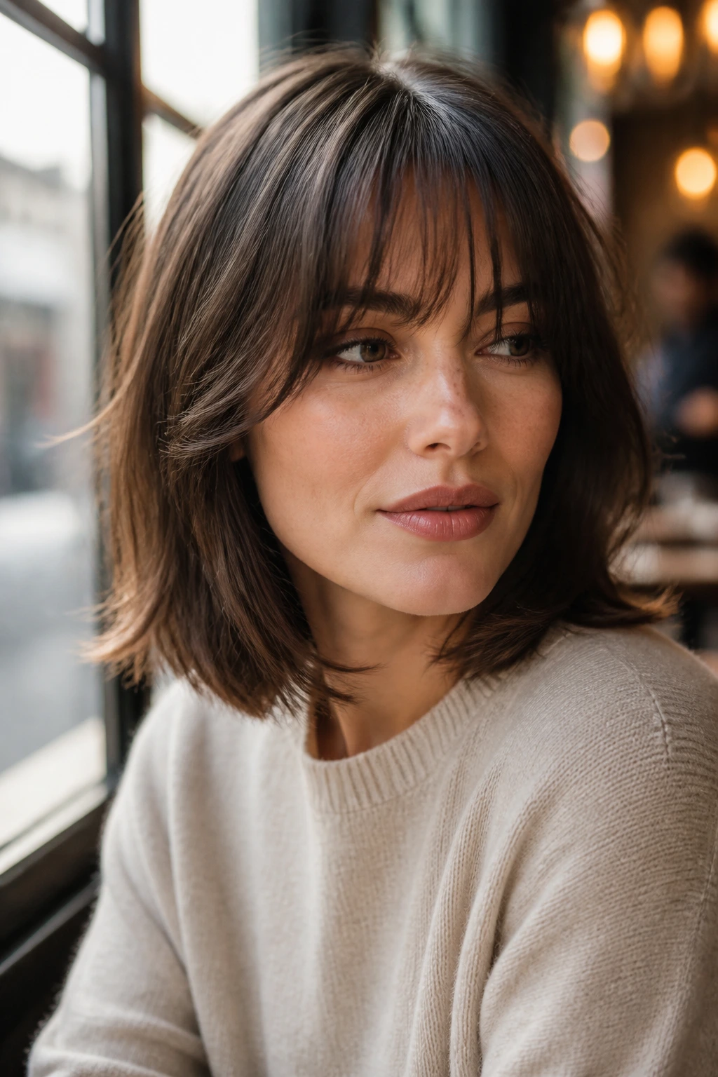 Portrait of a woman with feathered fringe and lob hairstyle in cafe window light.
