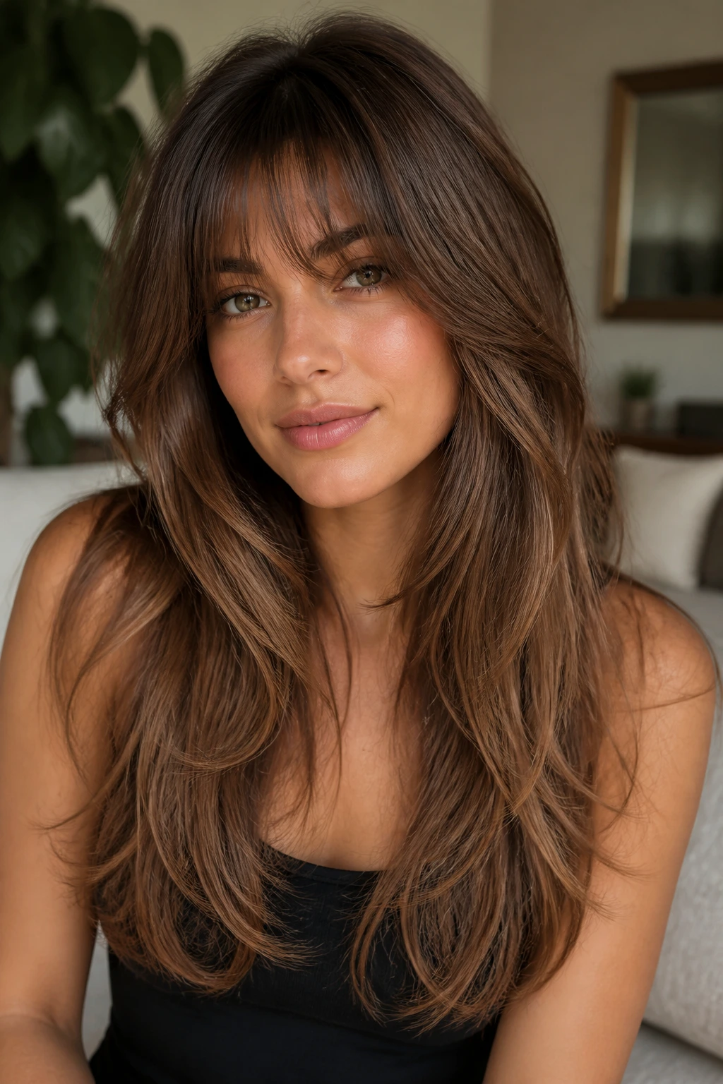 Woman with long layers and feathered brow-length fringe