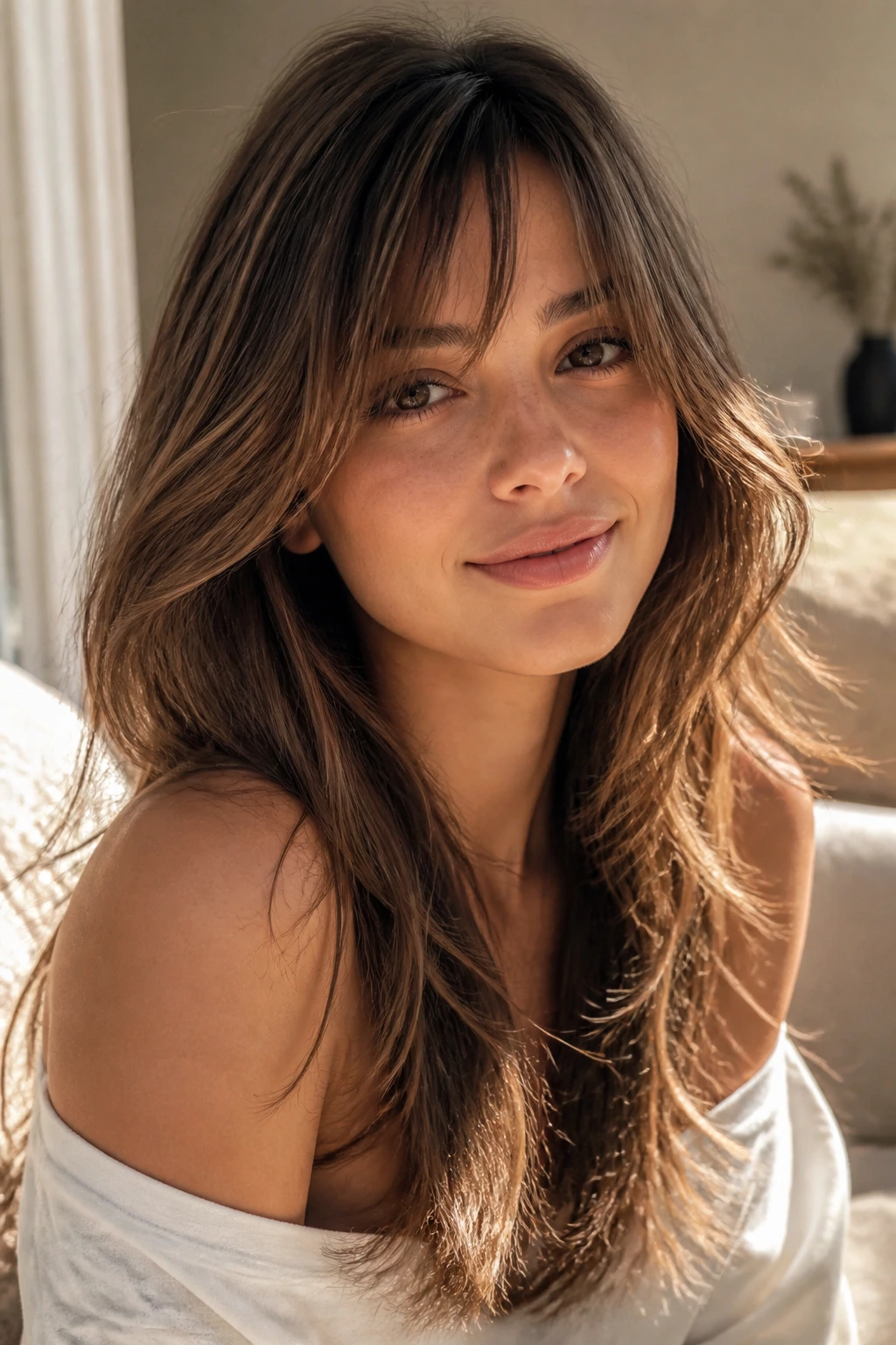 Close-up of a real woman with feathered fringe and long layers