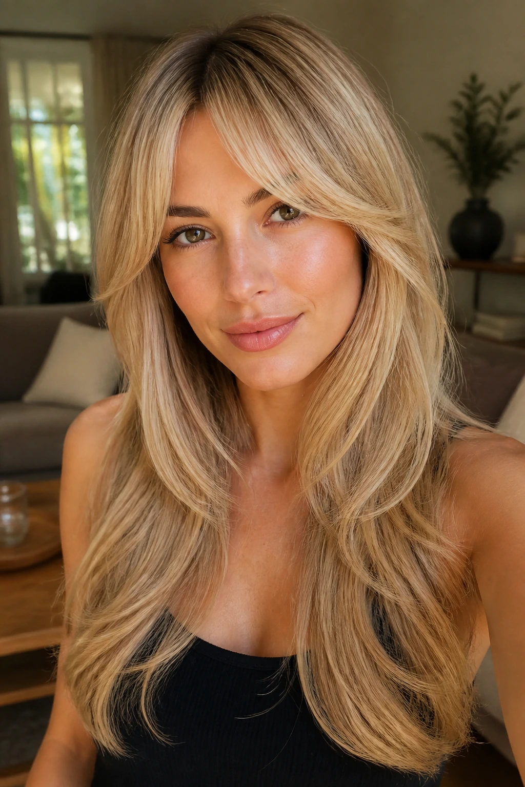 Close-up of a real woman with feathered fringe and long layers in natural light
