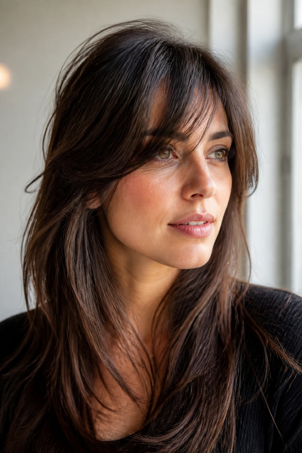 Real woman with feathered side fringe and long layers in warm indoor light