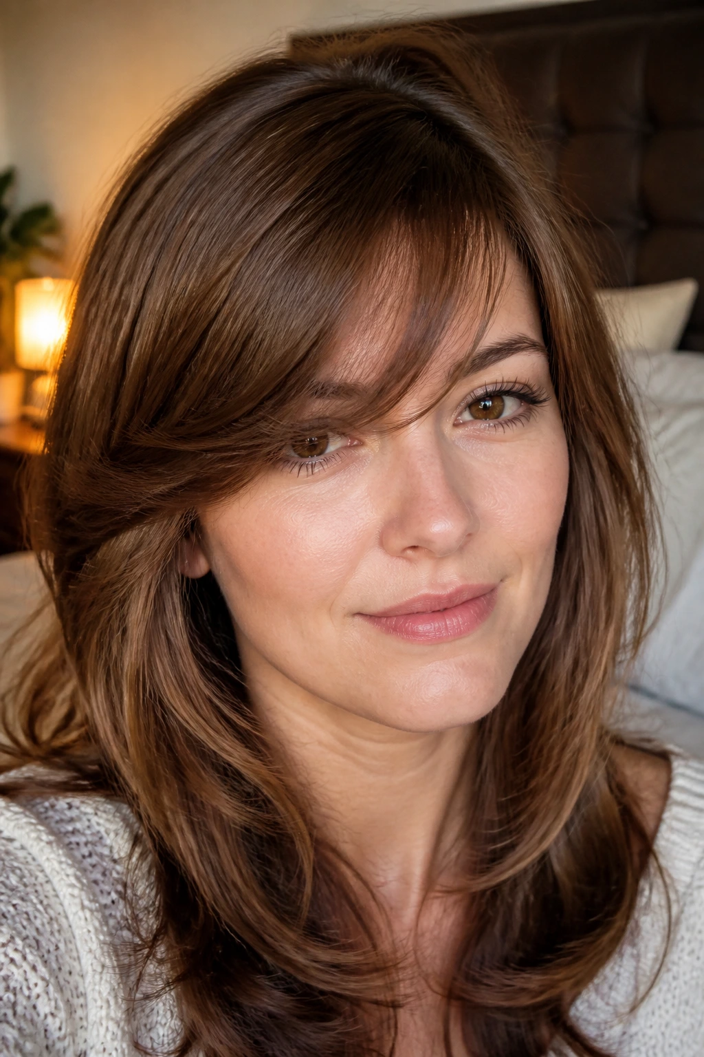 Close-up of feathered fringe starting at outer brow on a real woman