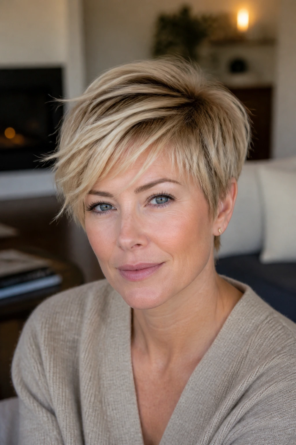 Real woman with feathered fringe pixie hairstyle