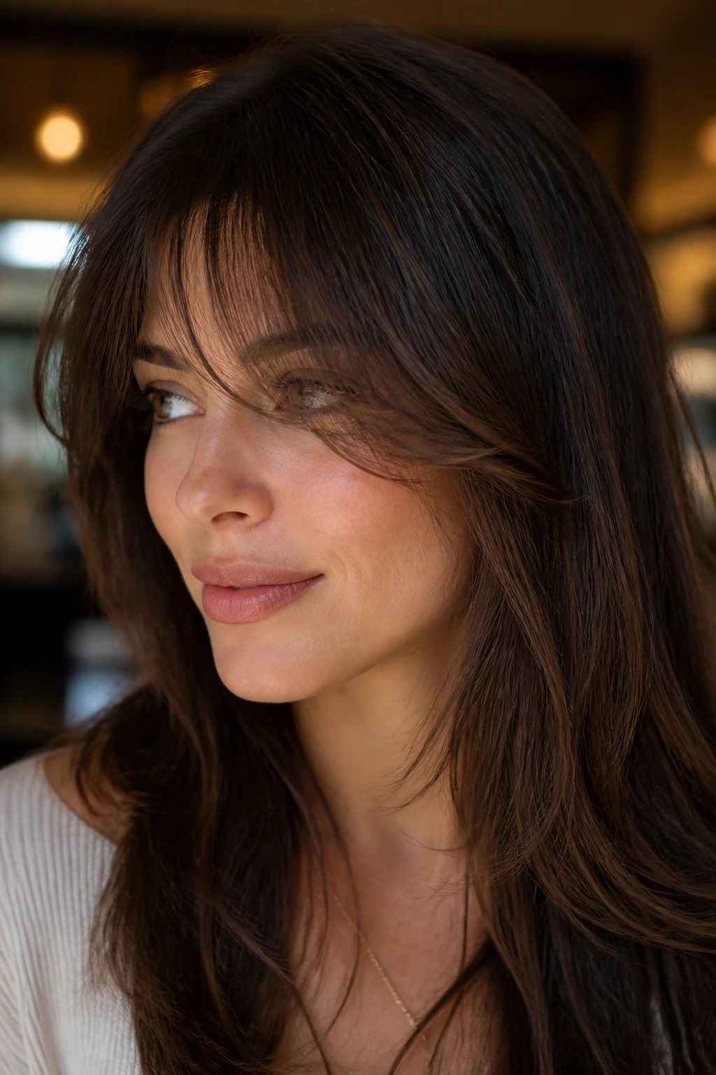 Close-up of a real woman with feathered bangs along the brow