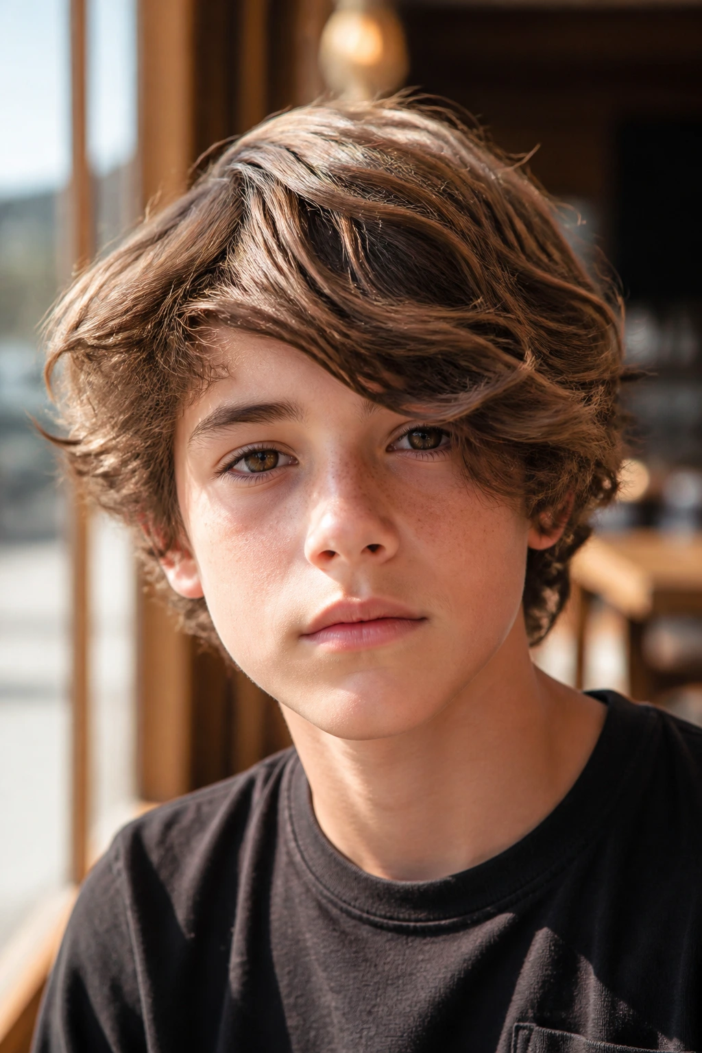 Portrait of a real boy with feathered side fringe in natural light