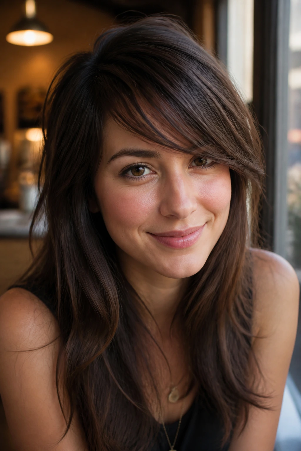 Real woman with side-swept feathered fringe.