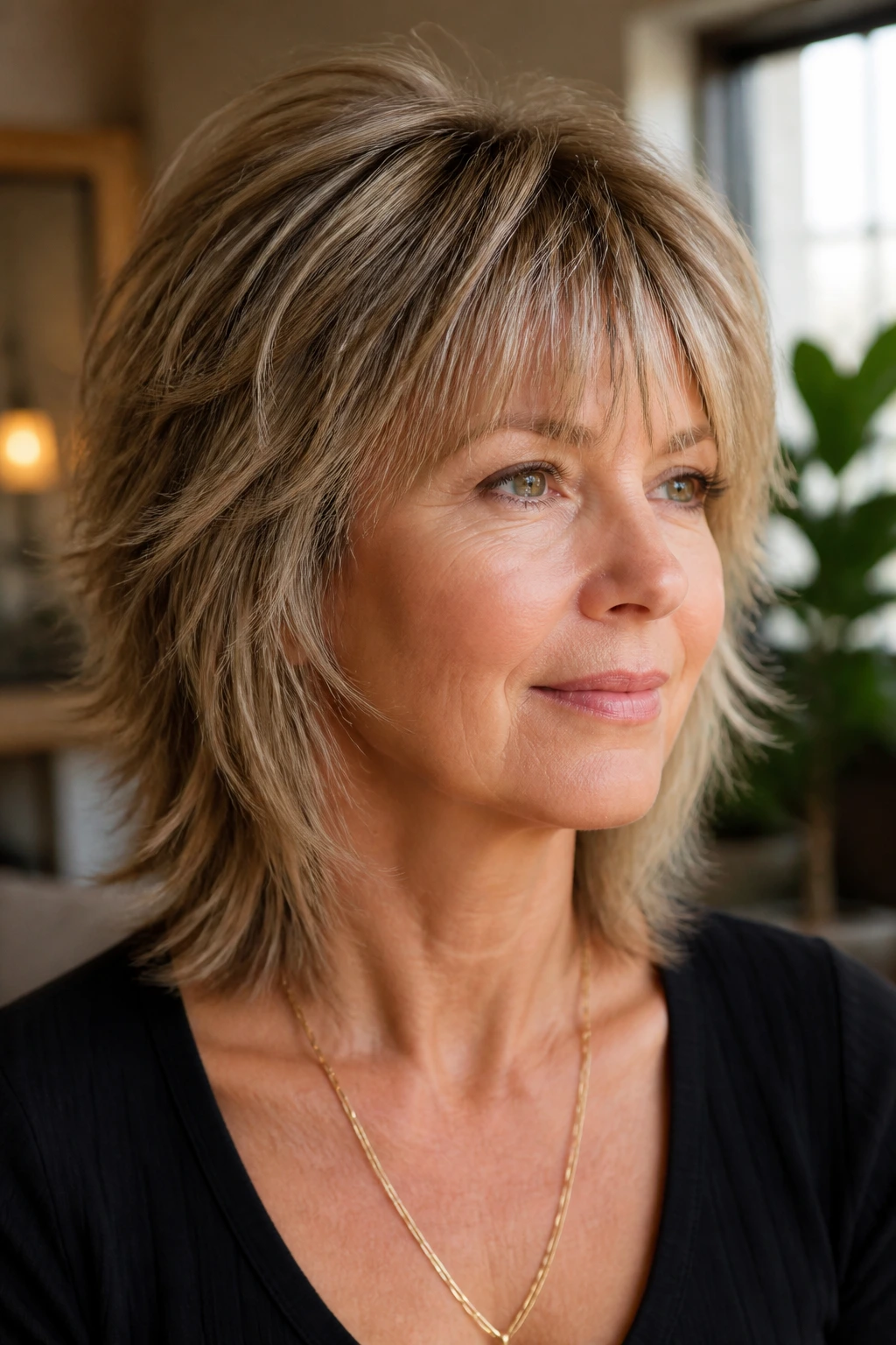 Close-up portrait of a real woman with feathered fringe and soft shag haircut