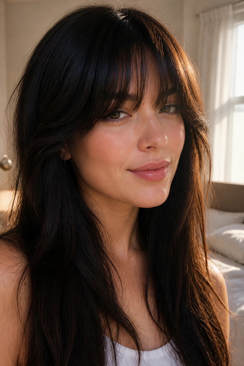 Real woman with feathered thick fringe in a sunlit bedroom