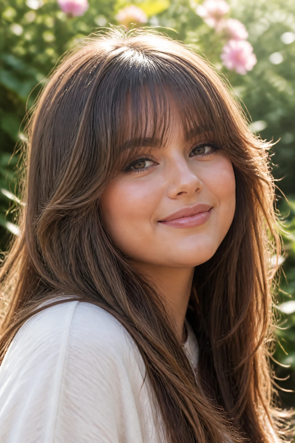 Close-up of a real person with feathered fringe and soft U-shape in outdoor light