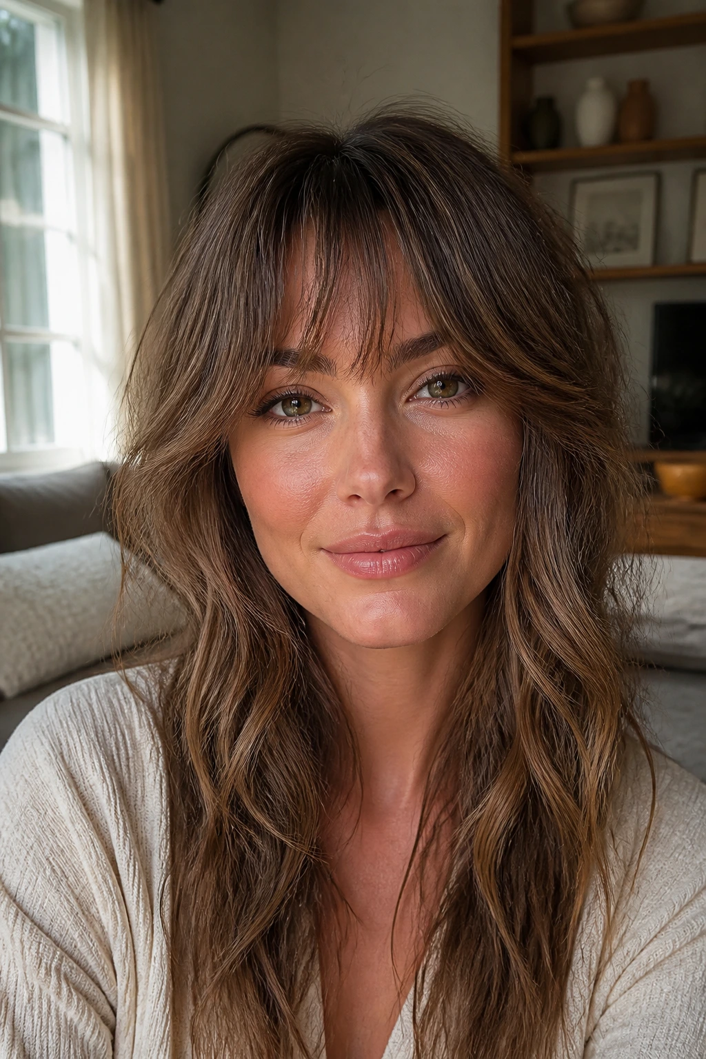 Portrait of a woman with feathered fringe that looks soft and wispy