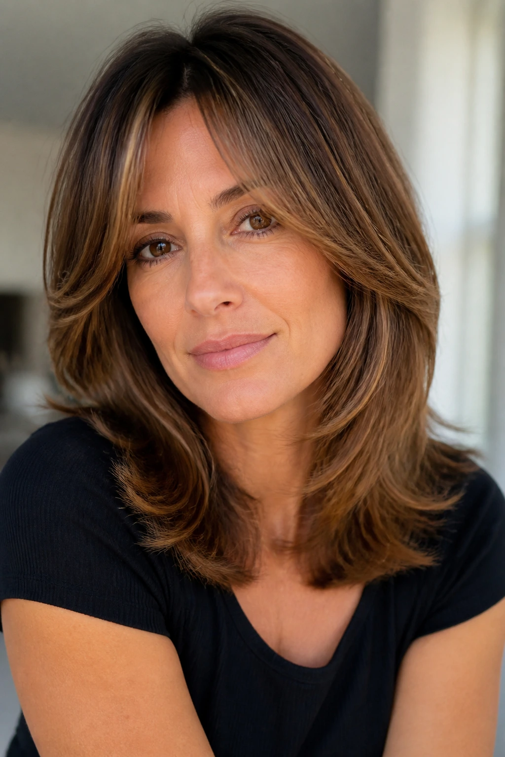 Close-up of a real woman's medium-length feathered hair with soft layers in warm window light
