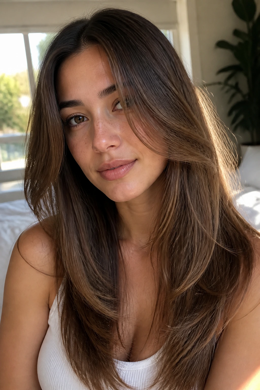 Close-up portrait of a real woman with long feathered front pieces in warm window light